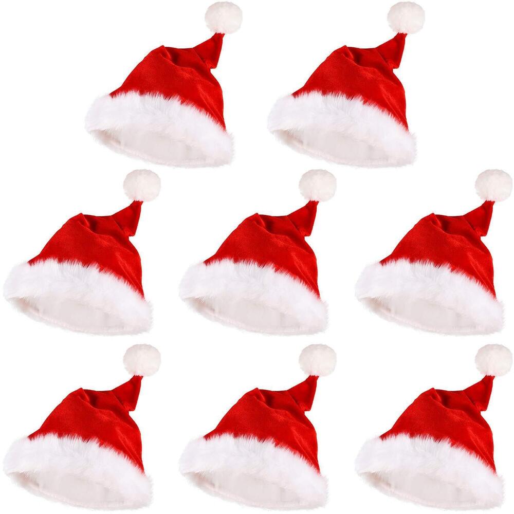 9409 8 Pieces Christmas Santa Hat Red and White Plush Christmas Hat